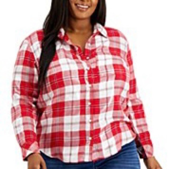 Style & Co Petite Medium Red Metallic Plaid Flannel Top Blouse Shirt - Picture 1 of 9
